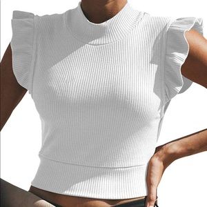 NEW White Crop top with mock neck and ruffle cap sleeve